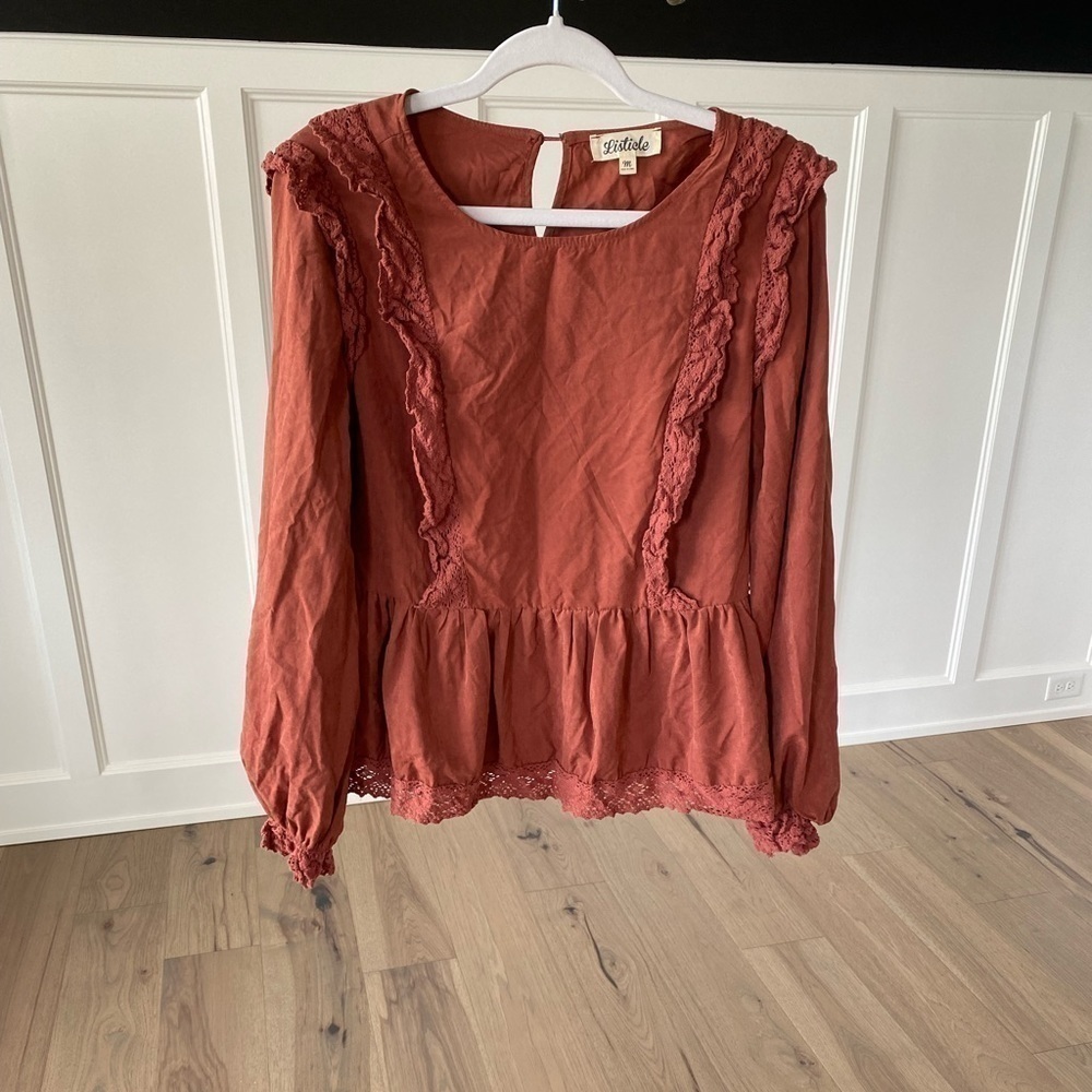Listicle Woman’s Rust Faux Suede Peasant Blouse with Lace Size Medium